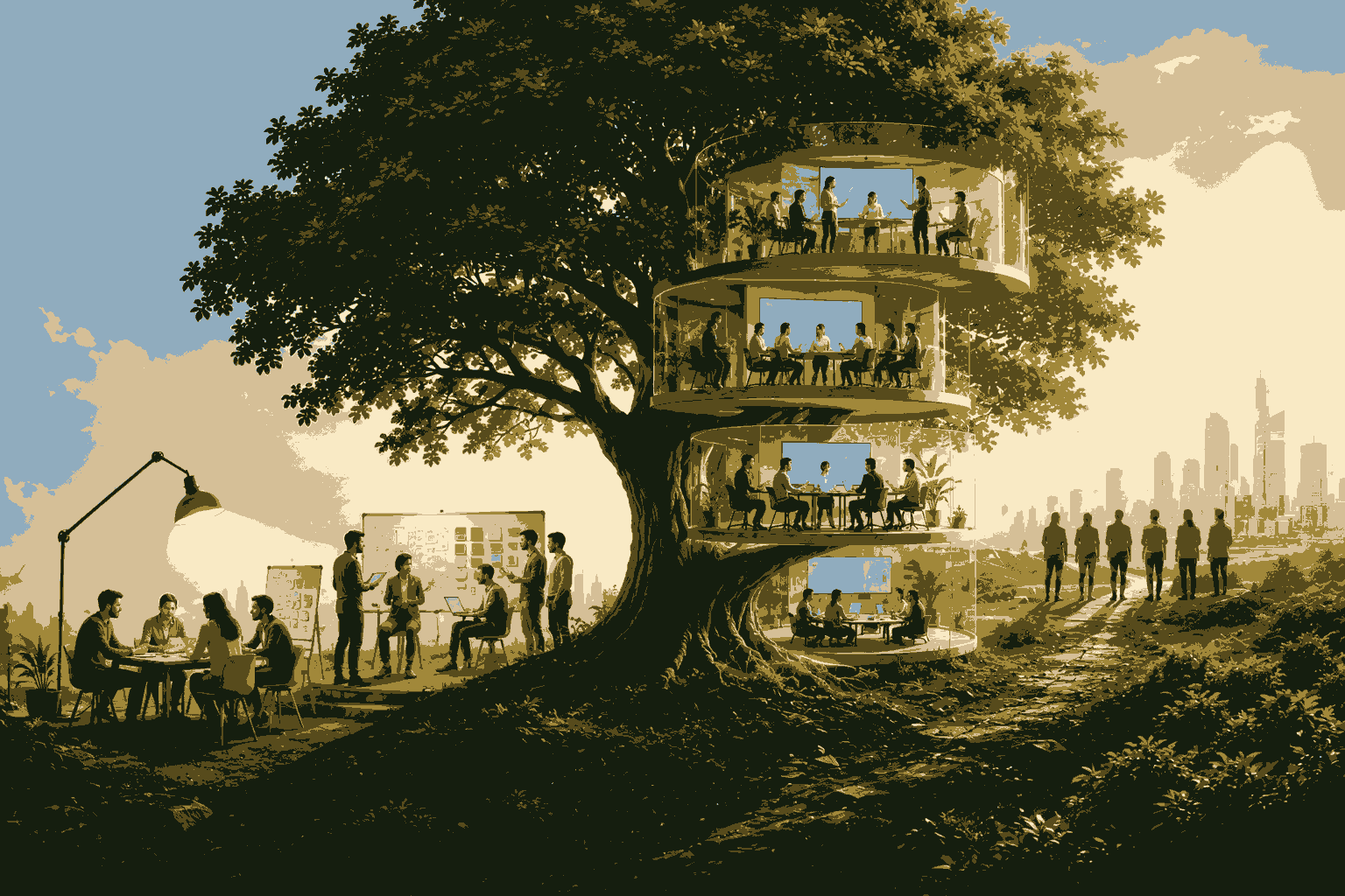 Illustration of product organizations evolving through collaboration, growth, and innovation