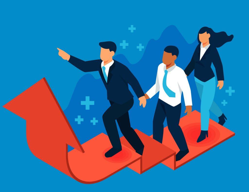 MBA graduates demonstrating leadership, strategy, communication, and business skills Illustration