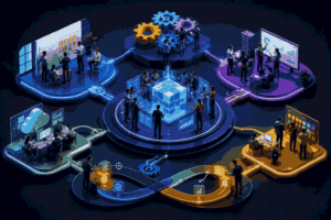 Isometric illustration of a product operating model connecting teams, strategy, and delivery