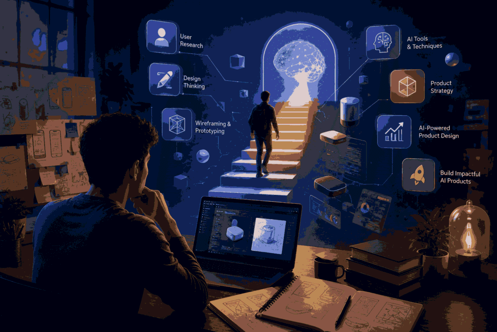 Learner exploring AI product design skills through an immersive digital learning journey