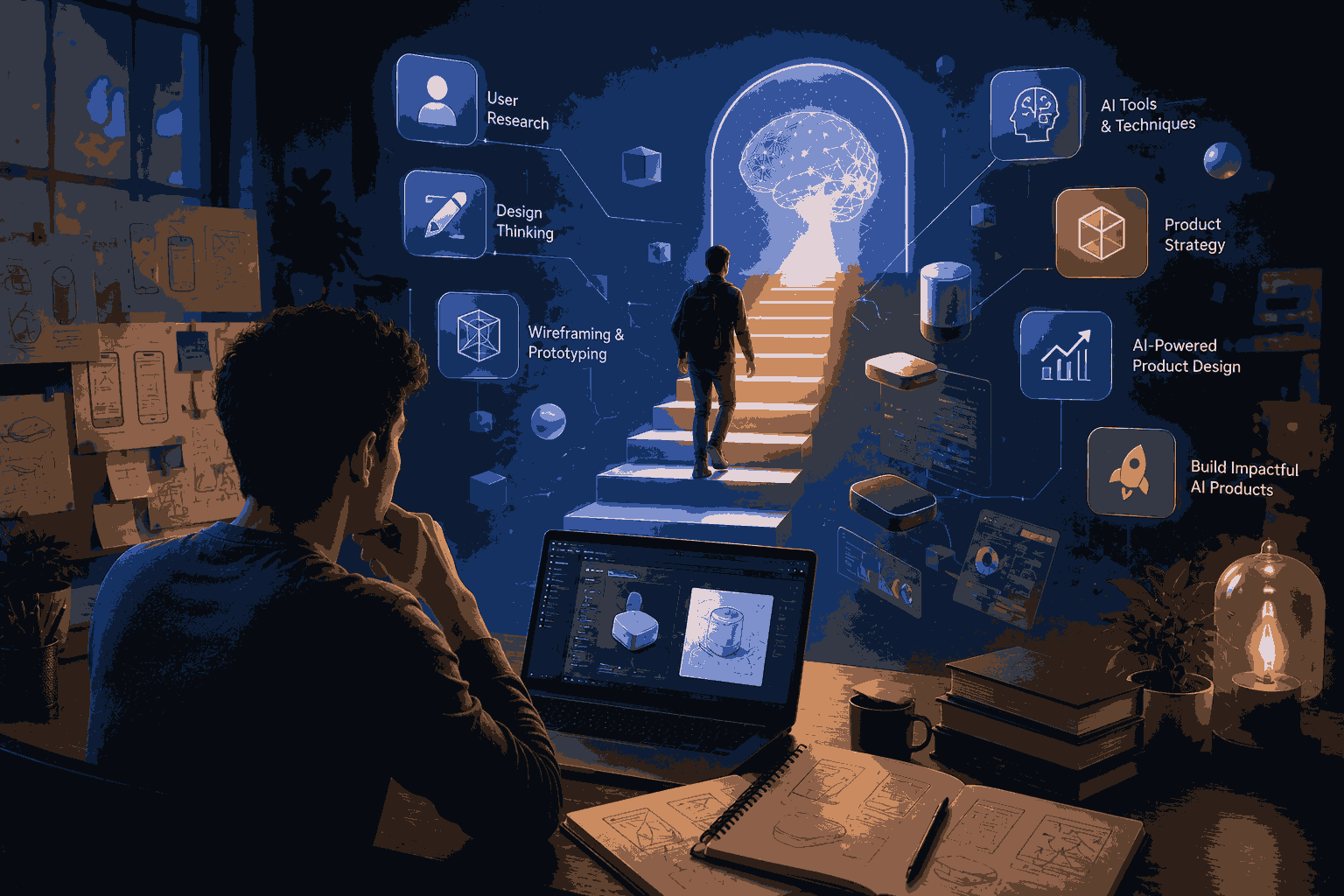 Learner exploring AI product design skills through an immersive digital learning journey