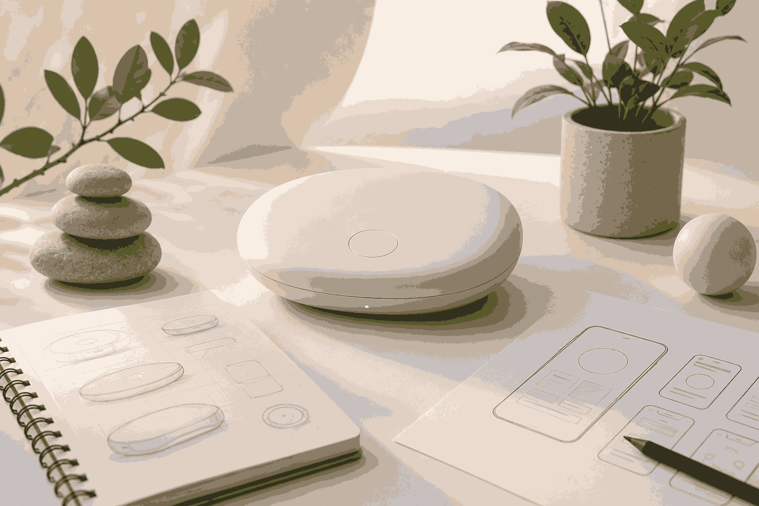 Minimalist product design workspace emphasizing simplicity, clarity, and user-focused design