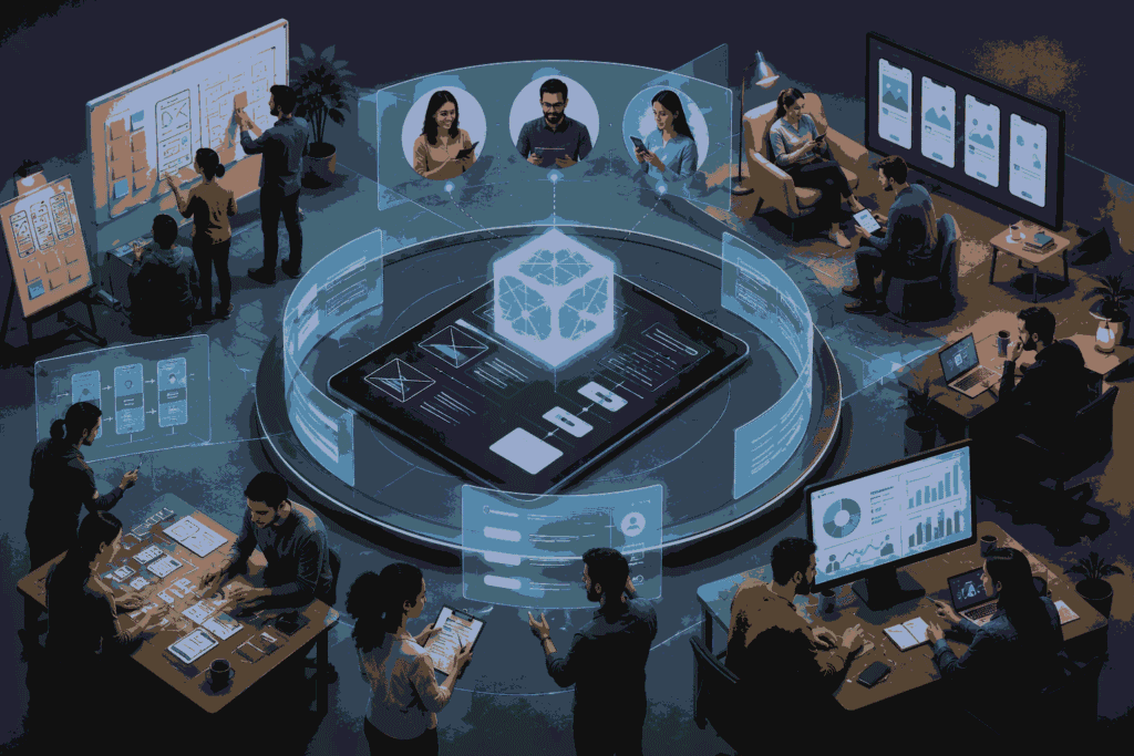 Product design team testing prototypes through user feedback, research, and iteration