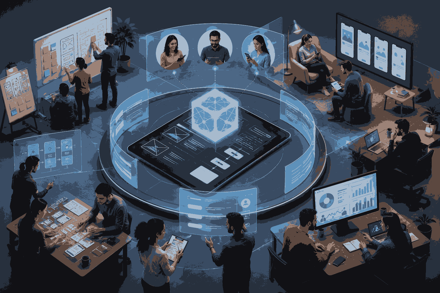 Product design team testing prototypes through user feedback, research, and iteration