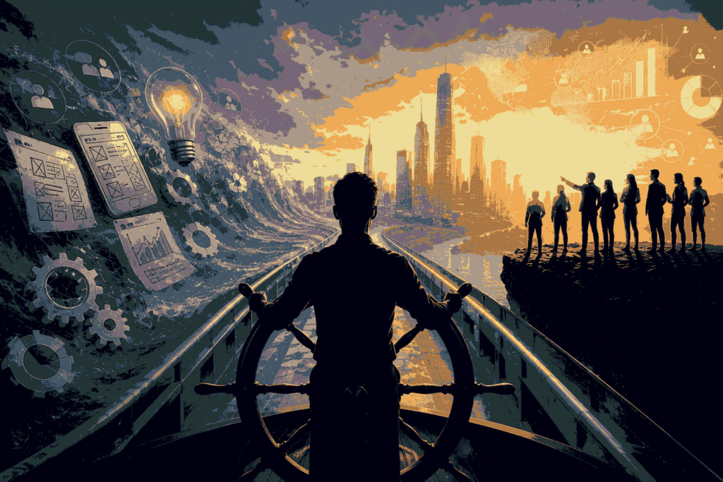 Product managers developing business leadership skills to drive growth and strategy Illustration