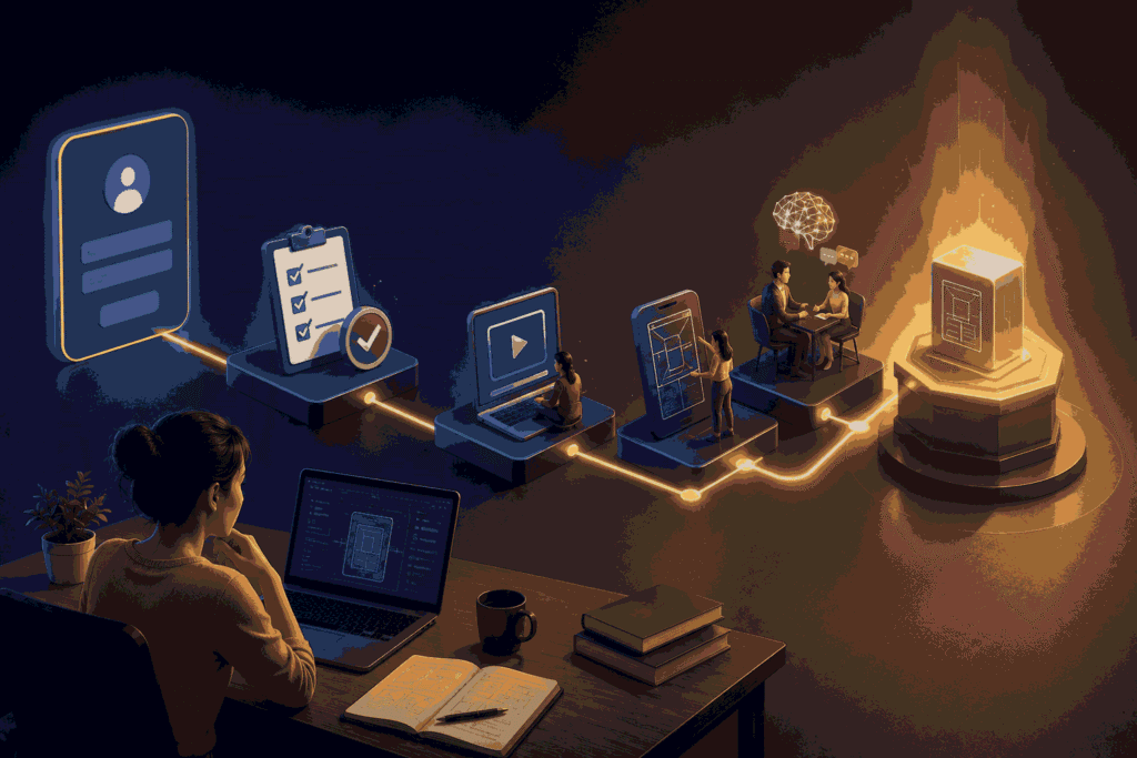Professional AI product design training enrollment journey from learning to certification Illustration