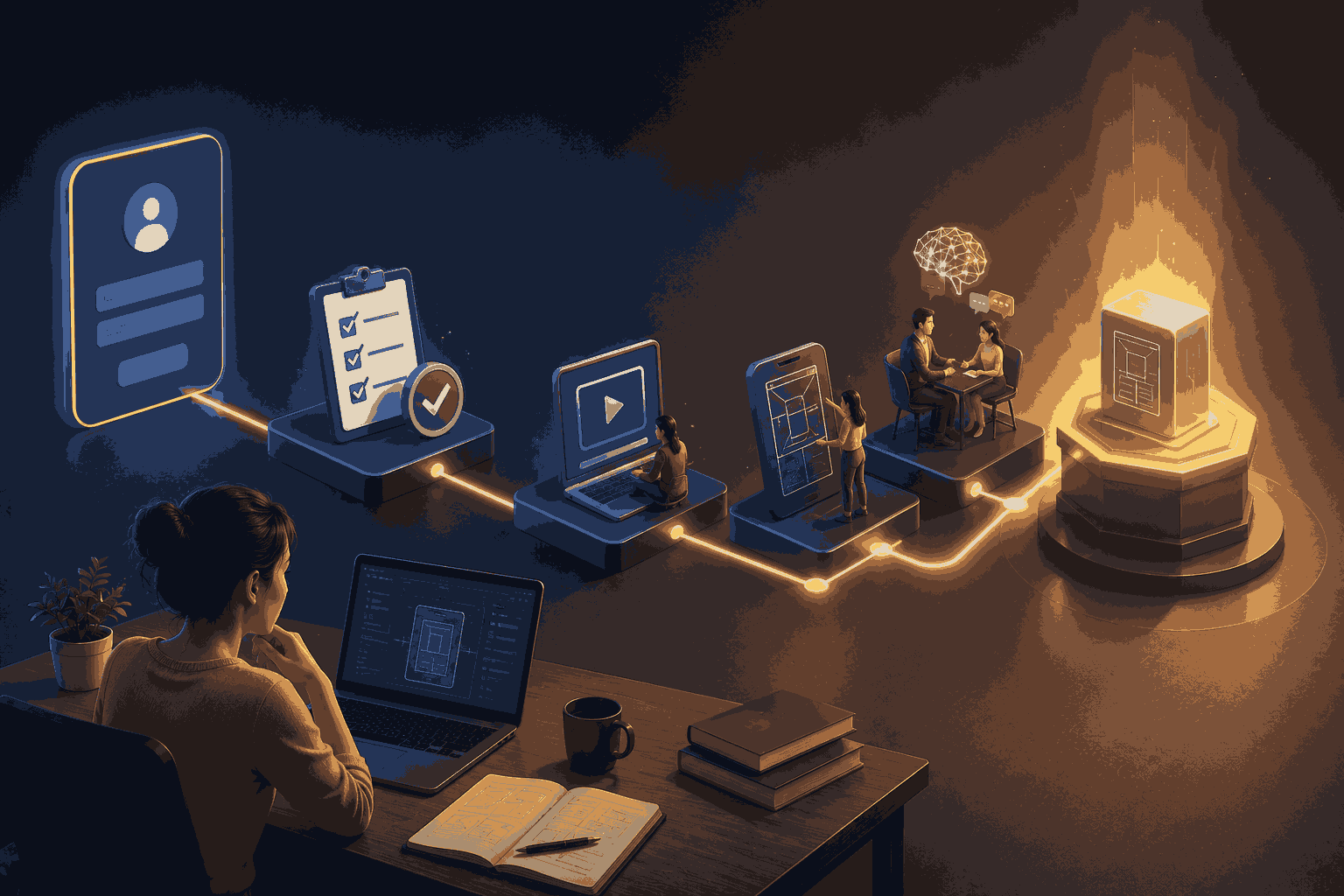 Professional AI product design training enrollment journey from learning to certification Illustration