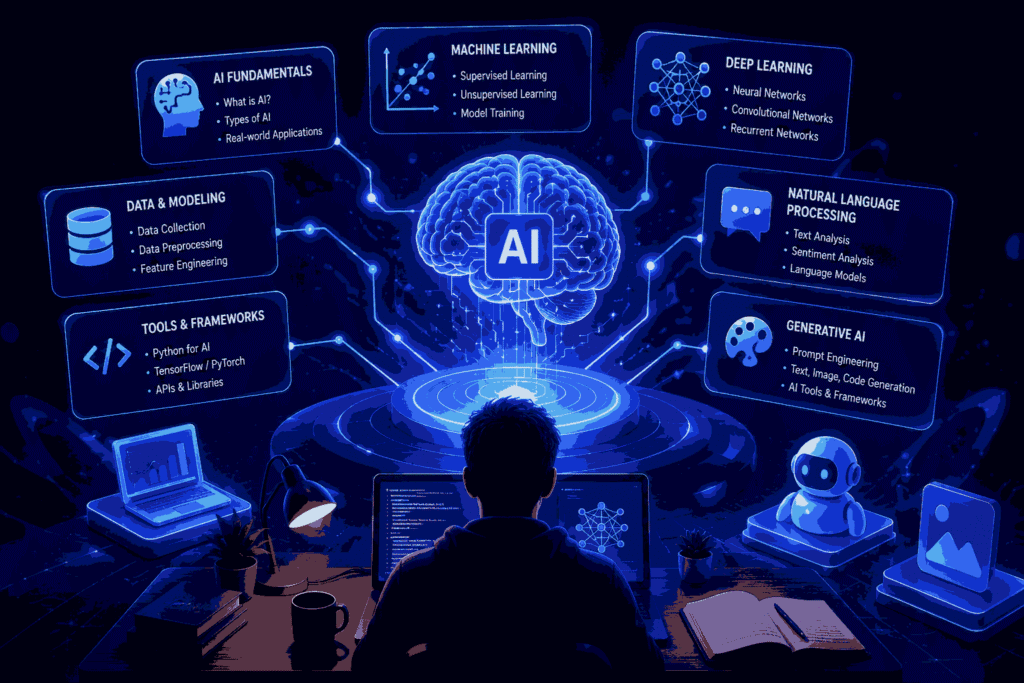 Student learning AI concepts through an interactive digital interface Illustration