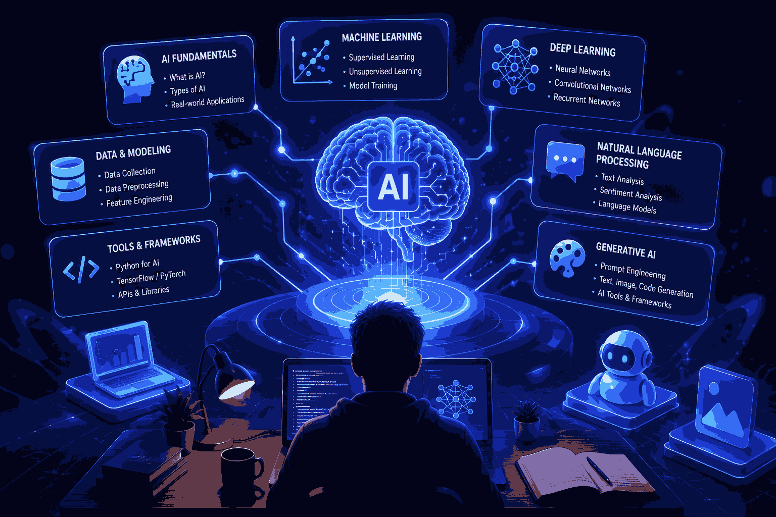Student learning AI concepts through an interactive digital interface Illustration