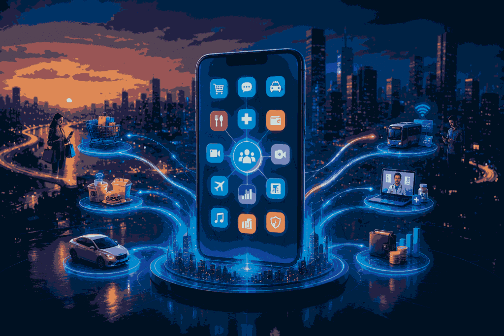 Super app integrating payments, shopping, transport, healthcare, and digital services Illustration