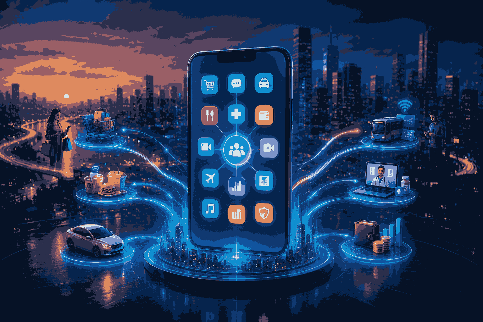 Super app integrating payments, shopping, transport, healthcare, and digital services Illustration