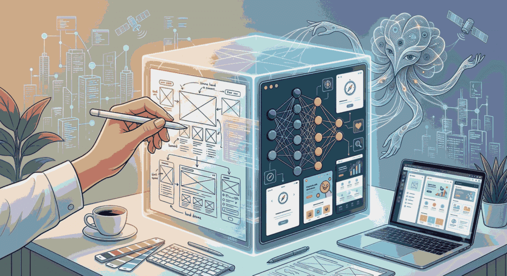 illustrator modifies designs inside a glowing cube