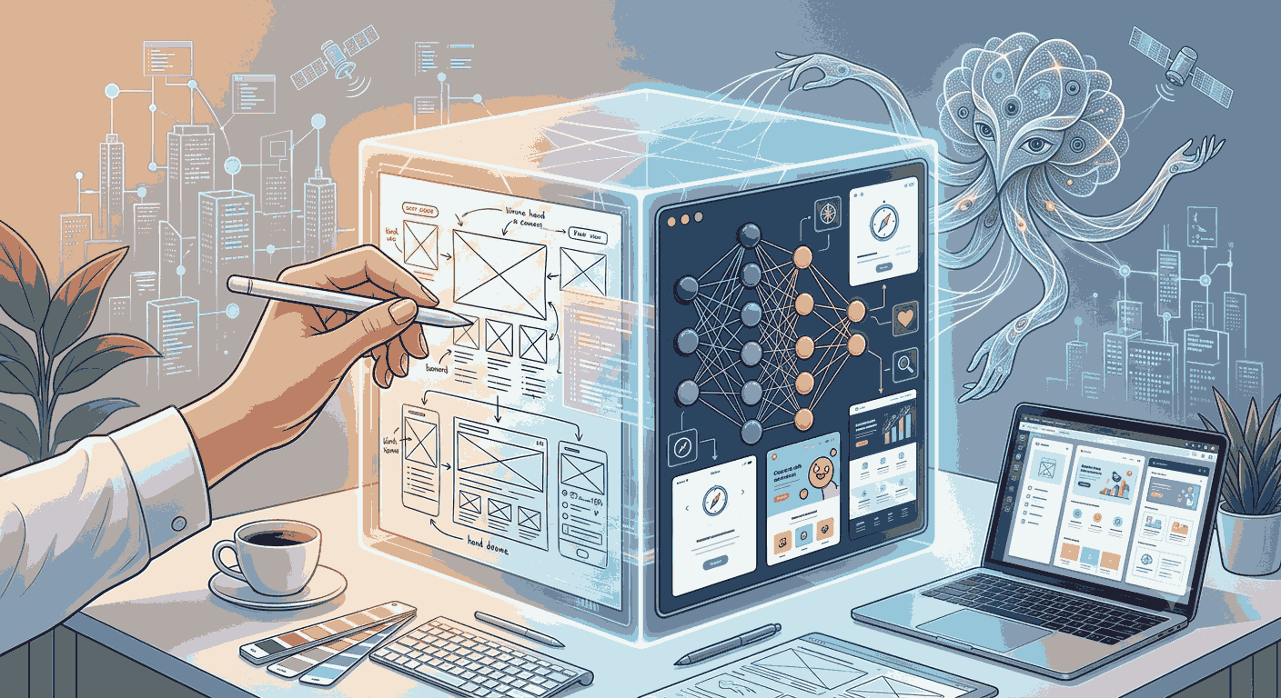 illustrator modifies designs inside a glowing cube