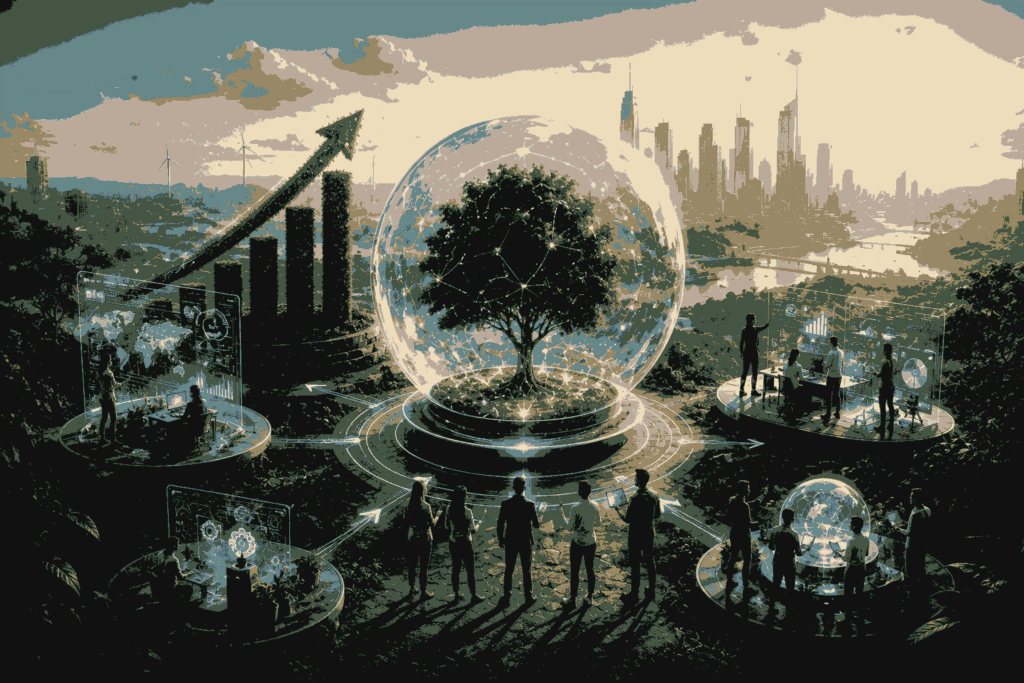 Business growth driven by innovation, technology, and strategic collaboration Illustration
