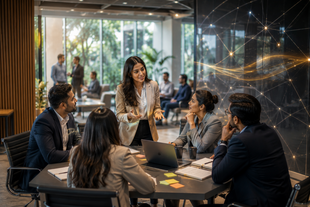 In-person Executive MBA learning through collaborative classroom discussions Illustration