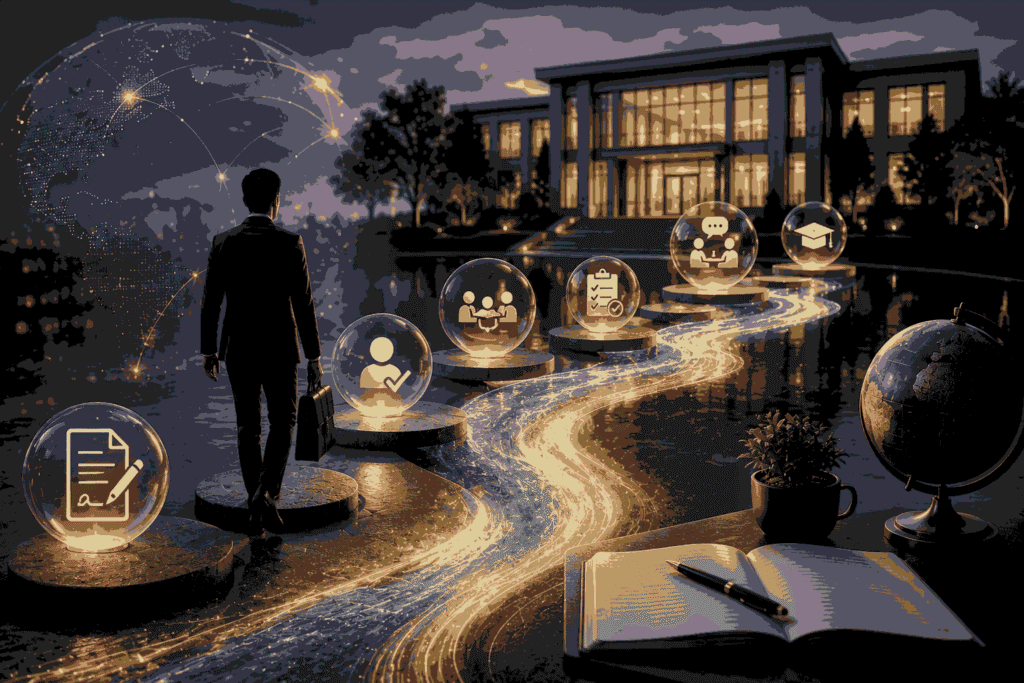 Executive MBA admission process showing application, evaluation, and enrollment steps