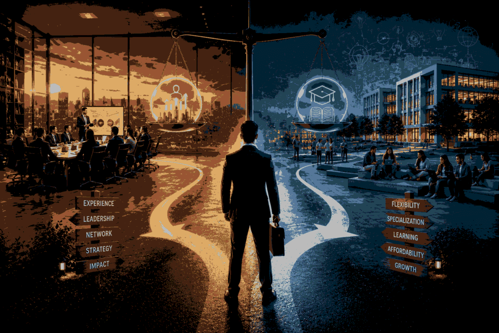 Executive MBA vs PGDM comparing leadership, learning, and career outcomes Illustration