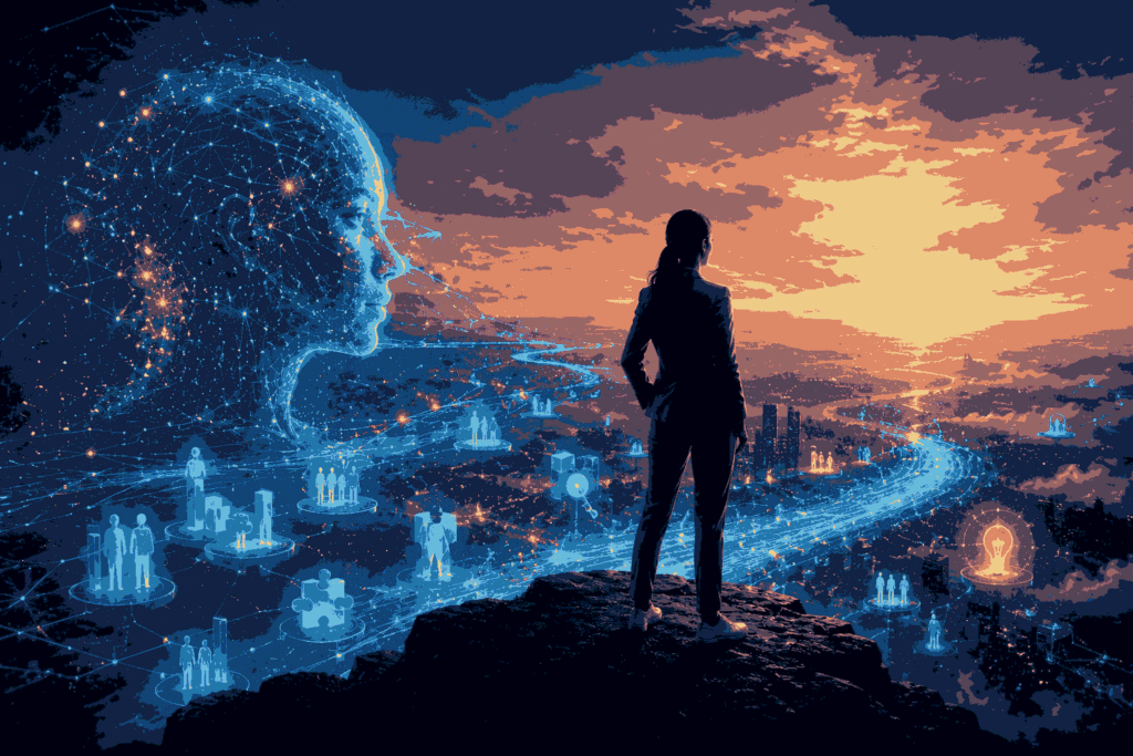 Product leader navigating AI-driven change across a futuristic digital landscape