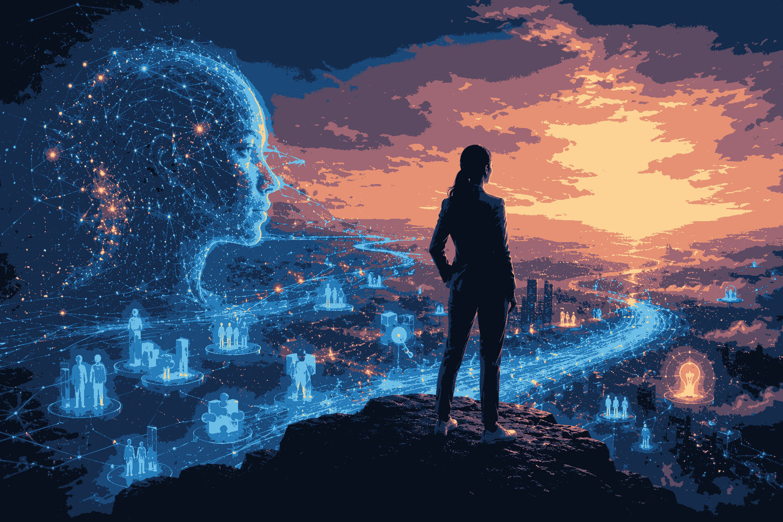 Product leader navigating AI-driven change across a futuristic digital landscape