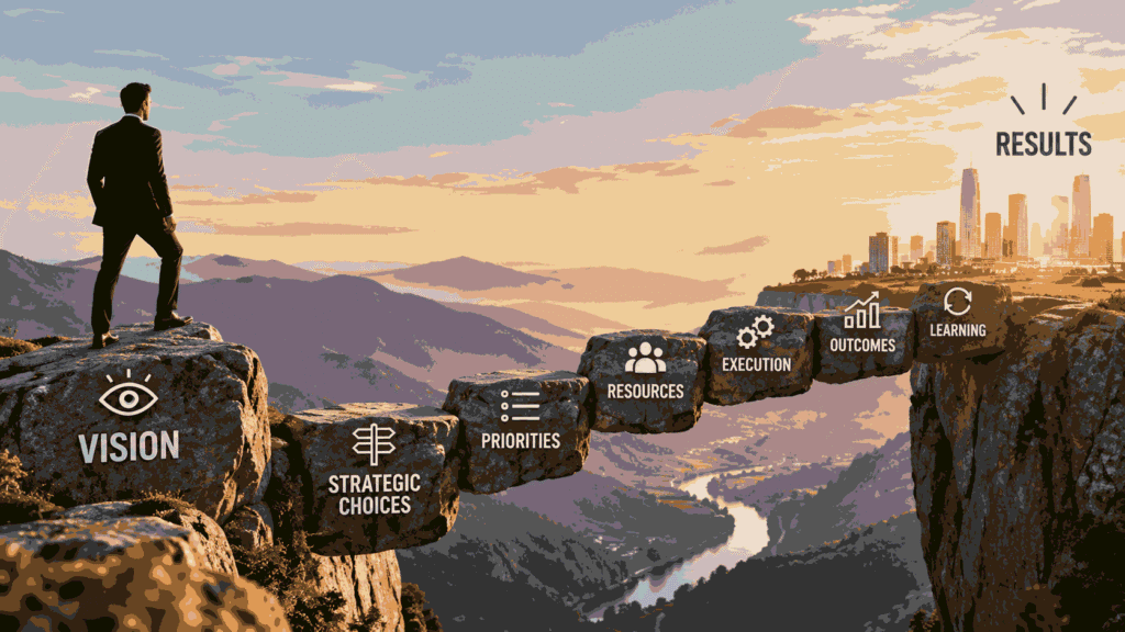 Strategy journey from vision to results through priorities, resources, execution, and outcomes.