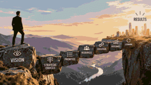 Strategy journey from vision to results through priorities, resources, execution, and outcomes.