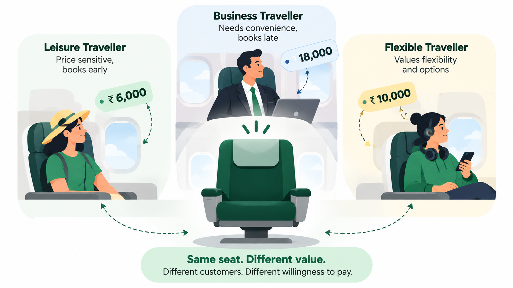 Airline pricing infographic showing how the same seat has different value for different travellers.