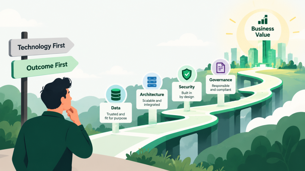 Enterprise AI strategy connecting data, architecture, security and governance to measurable business value.