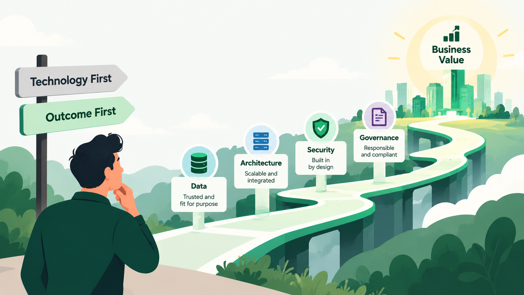 Enterprise AI strategy connecting data, architecture, security and governance to measurable business value.